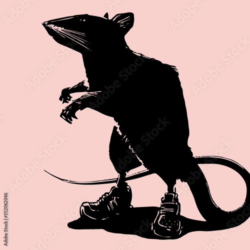 Ink brush illustration of a silhouette rat in sneakers	
