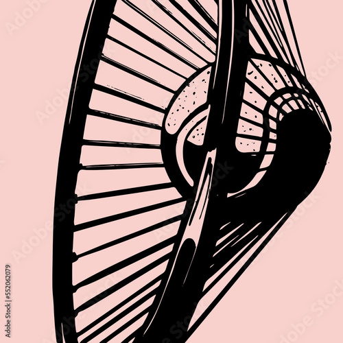 Ink brush illustration of close up tennis racket hitting tennis ball with strings stretched. Ink and distress hand drawn style	
