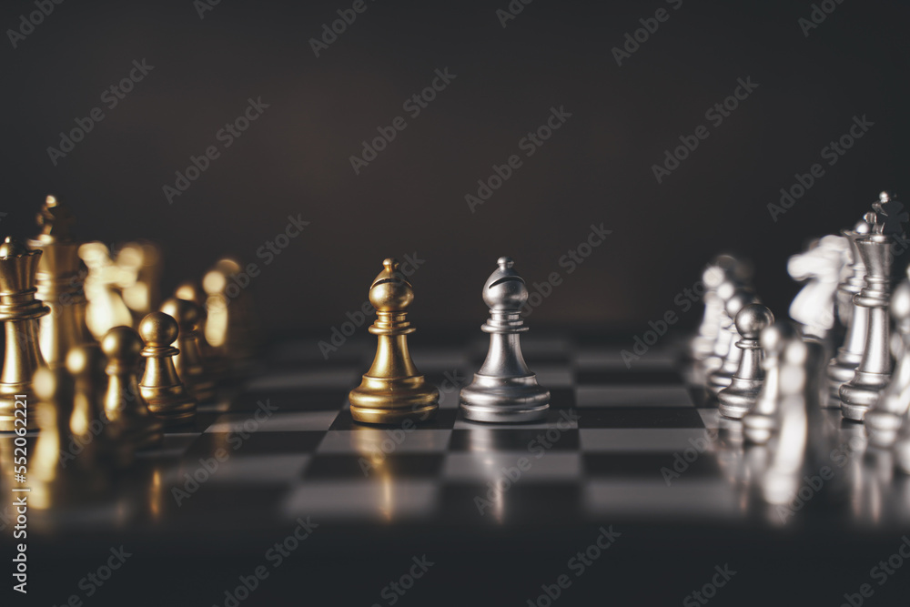 concept Chess pieces are arranged on a chessboard. The beginning of a chess game. Chess as a symbol of leadership, struggle, victory, strategy, business. Retro style.coppy space.