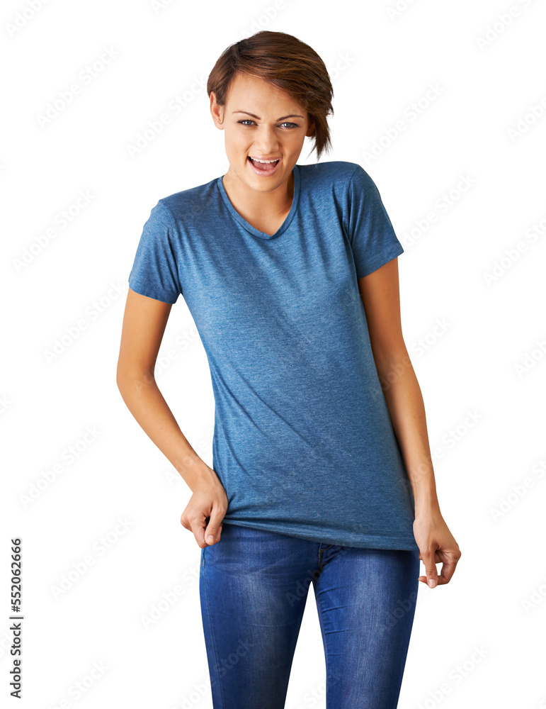 PNG of a cropped portrait of a beautiful young woman in jeans and a t shirt. PNG of a cropped portrait of a beautiful young woman in jeans and a t shirt.