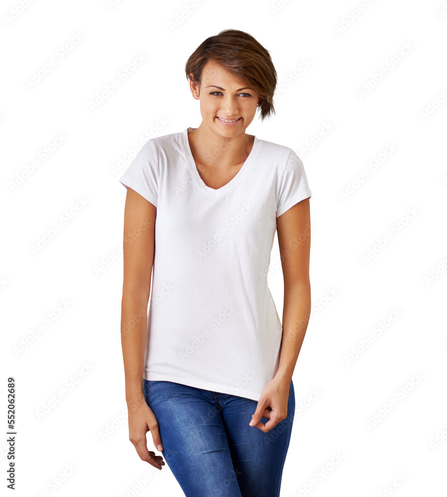 Obraz premium PNG of a cropped portrait of a beautiful young woman in jeans and a t shirt.