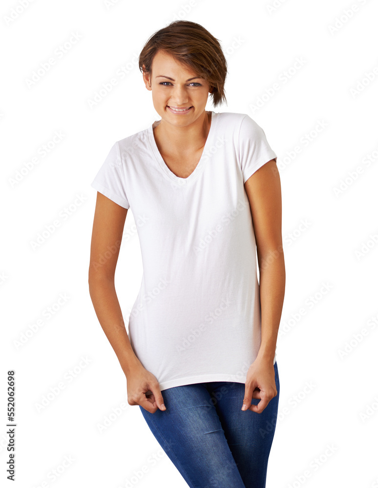 PNG of a cropped portrait of a beautiful young woman in jeans and a t shirt. PNG of a cropped portrait of a beautiful young woman in jeans and a t shirt.