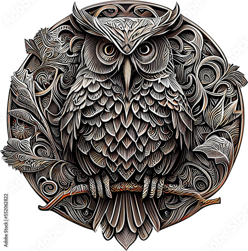 3d rendering of an owl on a metal badge without background photo