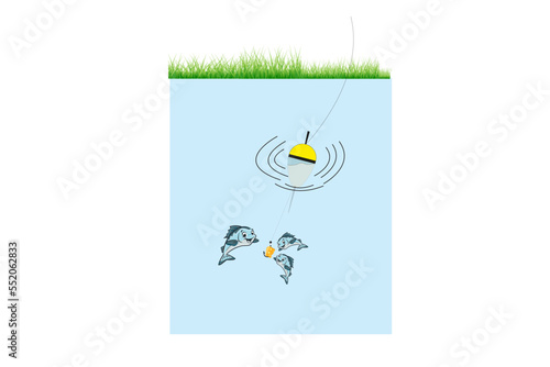 Flotteur dans l’eau transparente où l’on voit le fil avec hameçon et morceau de fromage en appât, entouré de 3 poissons près du rivage de l’herbe verte