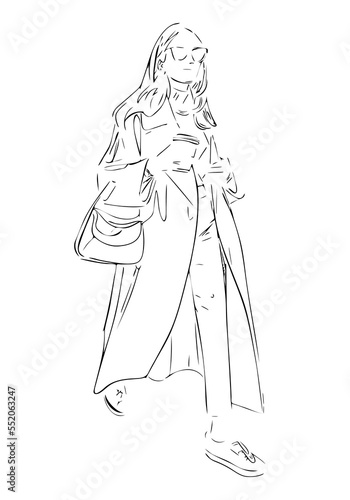 Fashion woman walking and drinking coffee, abstract street style portrait, line art, quick sketch, vector illustration, girl beauty minimalist