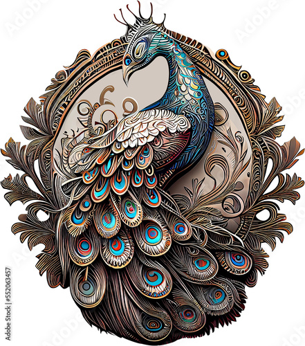 3d rendering of peacock on metal badge without background