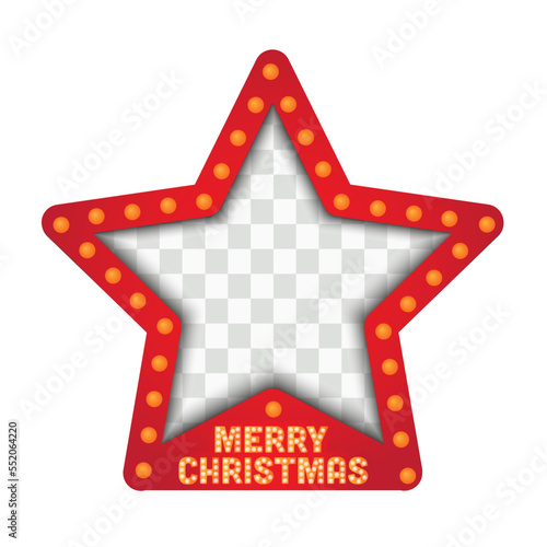 Merry Christmas stars frames and marquee lights. Template with realistic lights on transparent background.