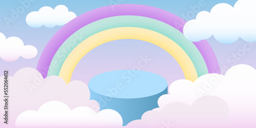 3D Vector Podium Kids with rainbow and clouds. Cute Product Display for the baby store, online shopping on Pastel colors. Fashion discount promotion for children on social media web design.  