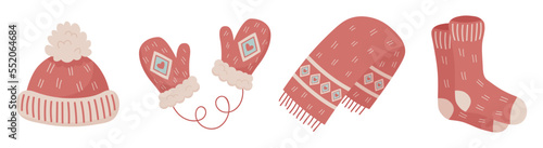 Christmas warm knitted clothes set. Winter hat, mittens, scarf, socks. Can be used for card, wallpapers, gift wrap, stickers. Isolated vector illustration on white background.