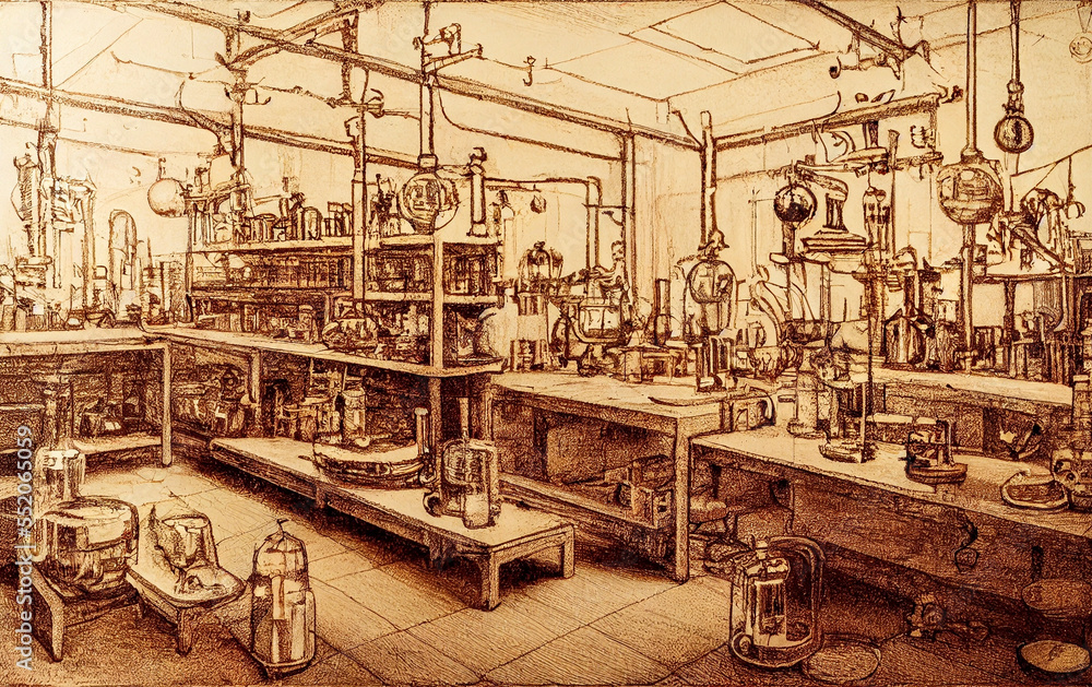 Chemical laboratory, chemical tubes and flasks of different shape and ...