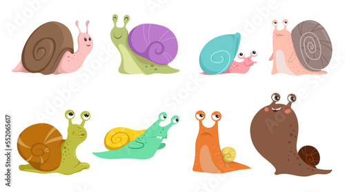 Cute snails set. Different types and emotions, funny snail characters collection. Vector Illustrations isolated on white background.