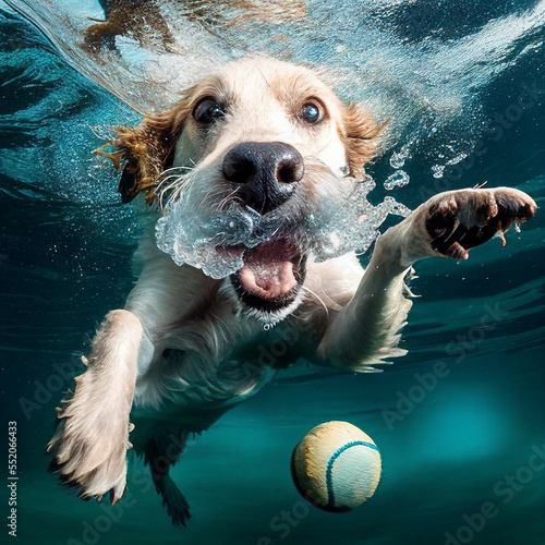 Fototapeta funny dog diving underwater catching a ball
