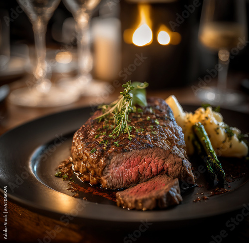 Сooked Hot Medium Rare Ribeye Steak on Wooden Board, steam from meat, grilled photo