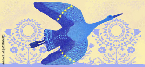 Flying stork. Peace symbol, no war concept. Hand drawn