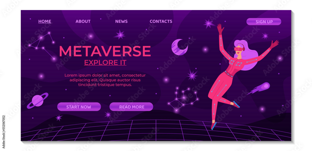 Metaverse digital cyber technology landing page template. Woman in VR glasses and VR suit. Cyberspace travel concept. Innovation network experience, AR gaming. Suitable for banner, ui, website design