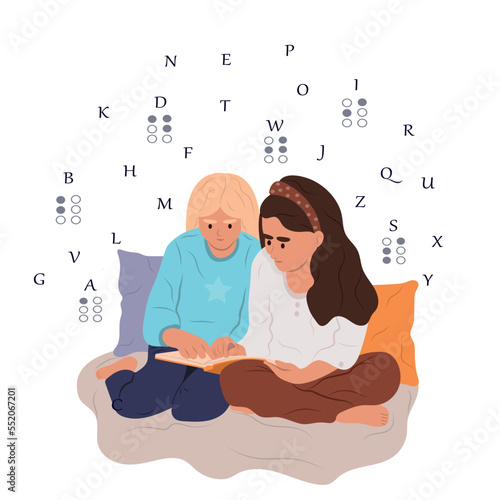 World Braille Day. Happy blind children reading something in braille. Vector flat illustration