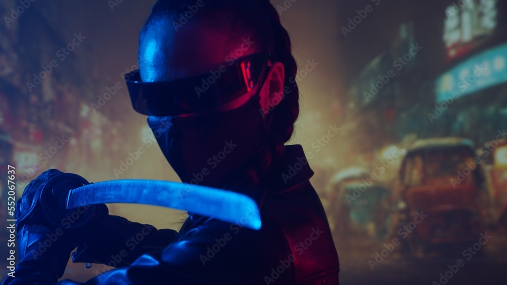 Cyberpunk ninja girl in a mask and with a katana. Beautiful female samurai woman on the background of Asian city downtown. Cyberpunk ninja girl in a mask and with a katana. Beautiful female samurai woman on the background of Asian city downtown.