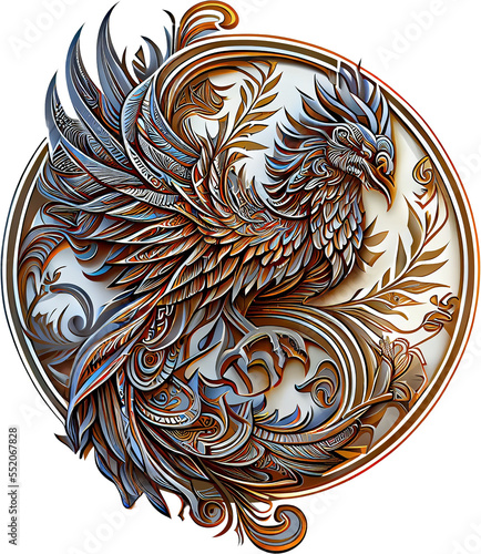 3d rendering of phoenix on metal badge without background