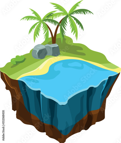 Beach isometric flying island. Tropical land texture