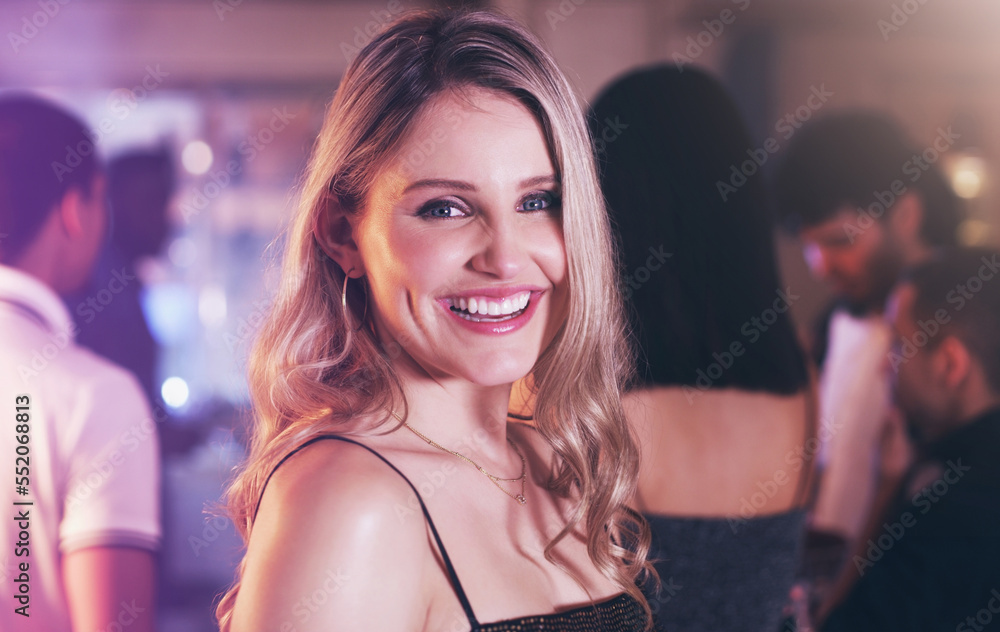 Portrait, happy or woman in a party at night social event in celebration of New Year or birthday in Los Angeles. Face, clubbing or beautiful young girl model smiles to celebrate happiness or holiday