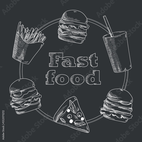 Hand drawn fast food illustration. Soda, pizza, burger and french fries drawing. Fast food vector hand drawn set. Great for label, menu, poster, banner, voucher, coupon