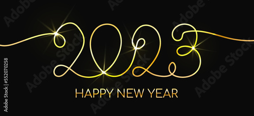 2023 continuous line greeting card. Vector New Year card with calligraphy gold shine lettering