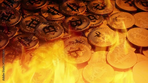 Gold Bitcoins Rotating In Flames Lost Value Concept photo
