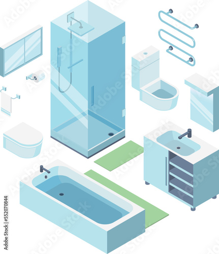 Bathroom furniture set. Isometric home room elements