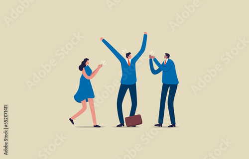Employees success. Business Team Celebrate Success. The office team congratulations their colleagues. Happy businessman and woman teamwork. Illustration