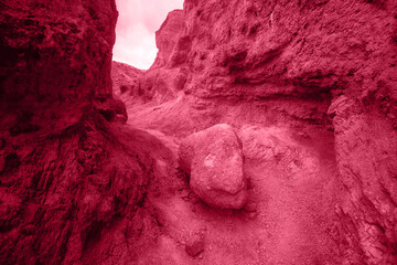 Acrylglasbilder Pantone 2023 Viva Magenta Trendy Color of the year 2023: Viva Magenta toned colorful eroded landform of Altai mountains  © olinchuk