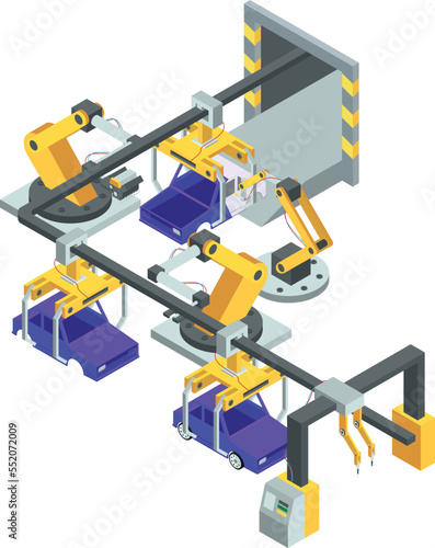 Car production line. Automatic factory isometric manufacture