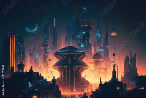 Futuristic night neon cityscape with traditional Arabic architecture. Neon illumination of the city  reflection of light  moon. City with towers and skyscrapers. AI