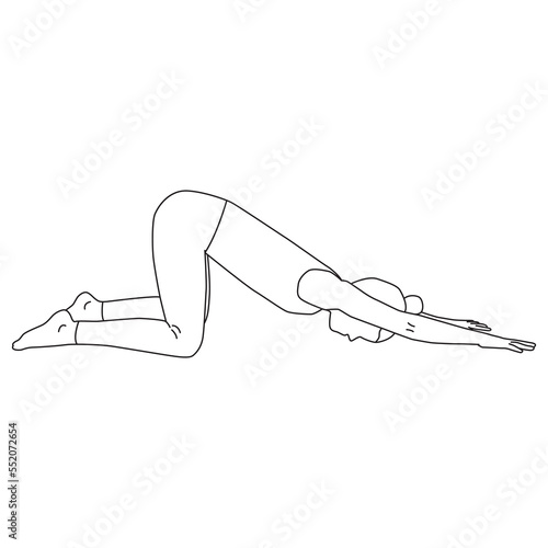 Line art of woman doing yoga in extended puppy pose vector.