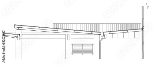 Architectural technical drawing of the roof section that uses steel as the main structure. Drawn in 2D using CAD in black and white. Using metal gutter and roof.