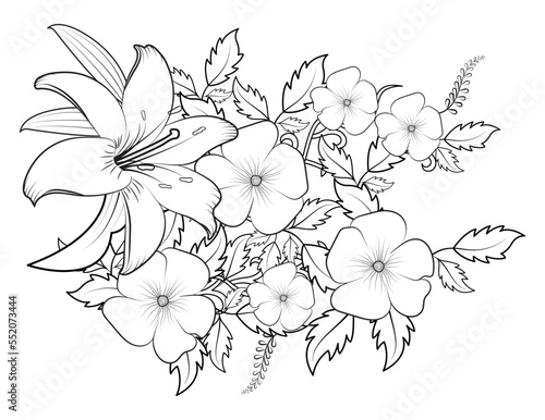 Coloring book for adult and older children. Coloring page with flowers pattern fram