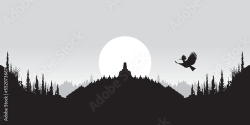 Landscape of Borobudur, Beautiful Silhouette in Borobudur Indonesia with flying bird vector illustration