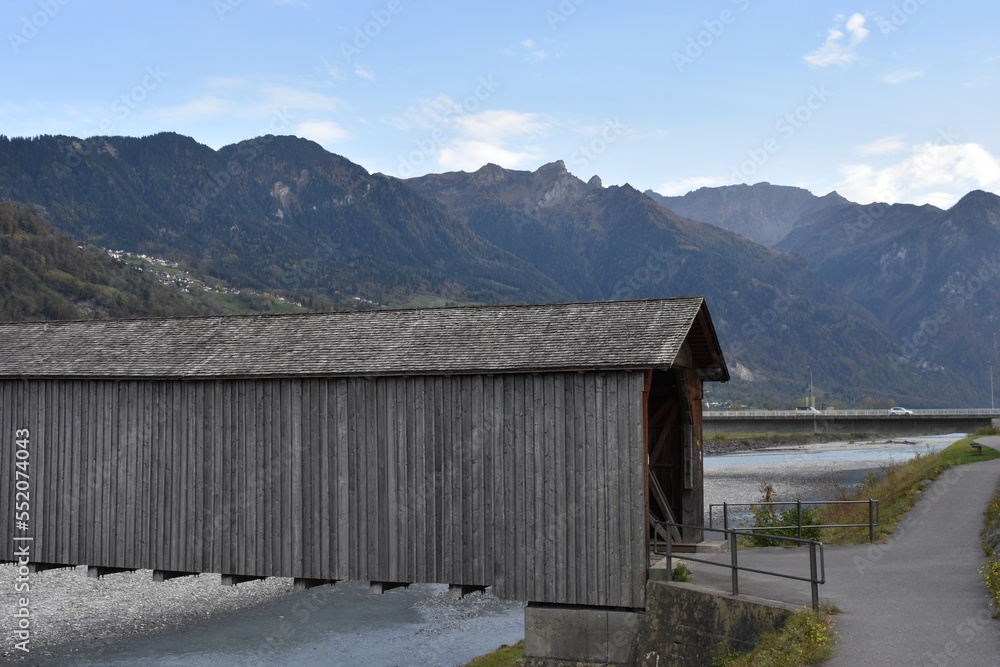 Covered Wooden Bridge Connecting Switzerland and Liechtenstein