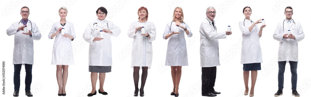 group of doctors holding jar isolated on white group of doctors holding jar isolated on white