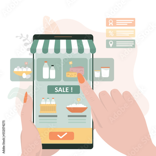 Woman hand chooses fresh dairy food in online store. Mobile app presents various assortment of milk, cheese and eggs. Girl client orders home delivery of eco organic food in internet shop.
