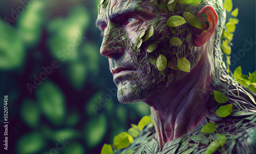 Man living in perfect symbiosis with nature. Postproducted generative AI 3d illustration of non existing person. photo
