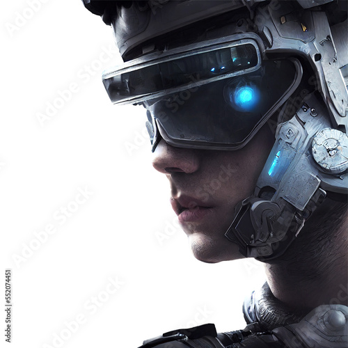 Detail of modern soldier's head with fighting equipment on.  Postproducted generative AI 3d illustration of non existing person. photo