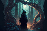 Magic sorcerer in fantasy old forest