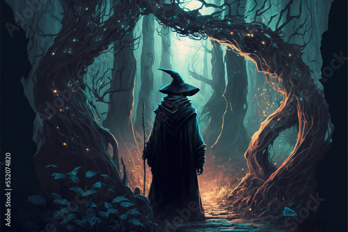 Print op canvas Magic sorcerer in fantasy old forest