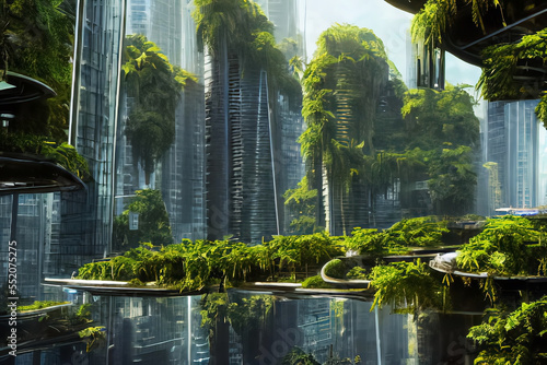 City of the future, eco-friendly modern town with landscaping, large trees, lakes and lawns covered with green roofs