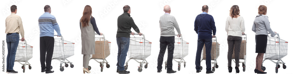 a group of people with a cart stand with their backs isolated a group of people with a cart stand with their backs isolated