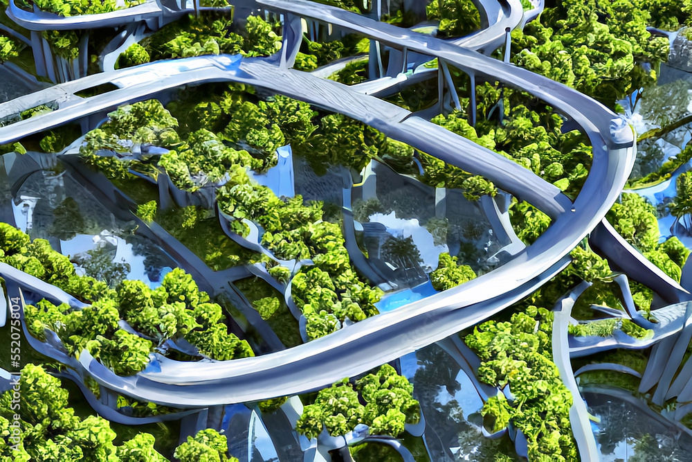 City of the future, eco-friendly modern town with landscaping, large trees