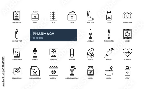 pharmacy healthcare hospital clinic cure medicine medication detailed thin line outline icon set. simple vector illustration
