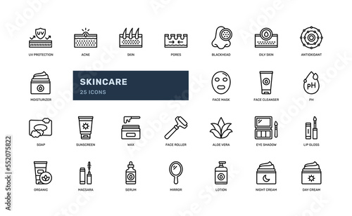skincare beauty woman cosmetic dermatology detailed thin line outline icon set. simple vector illustration