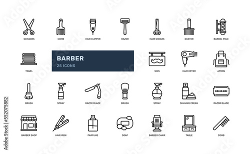 barber hairdresser shave cut trim hair salon detailed thin line outline icon set. simple vector illustration