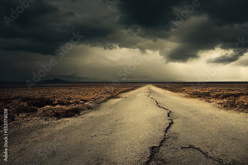 A cracked old highway in the middle of a dry landscape. Stormy sky.